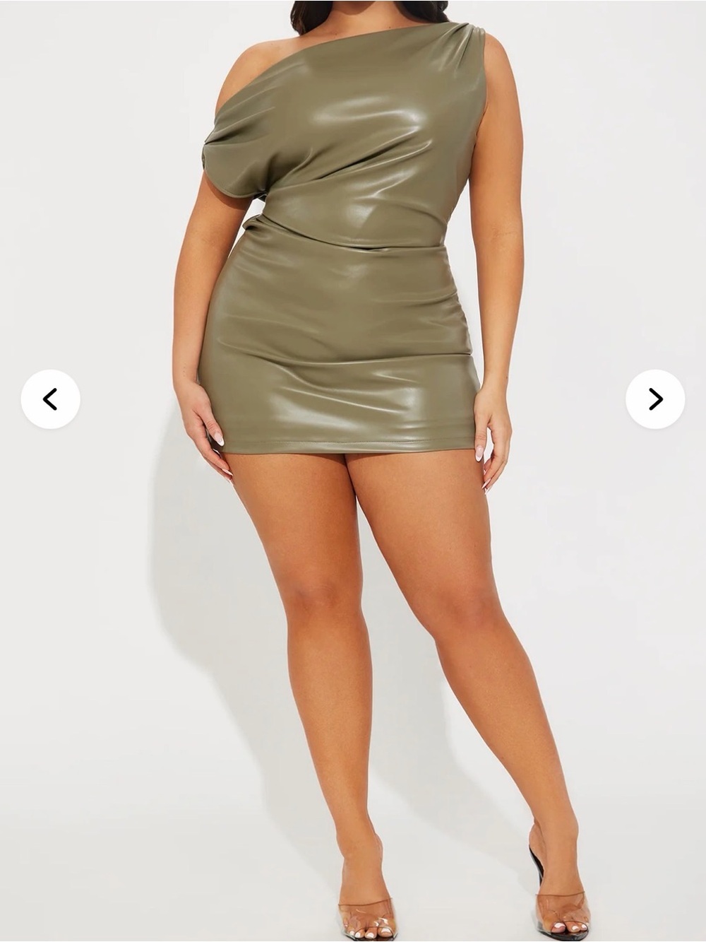Fashion Nova Olive One-Shoulder Faux Leather Mini Dress
